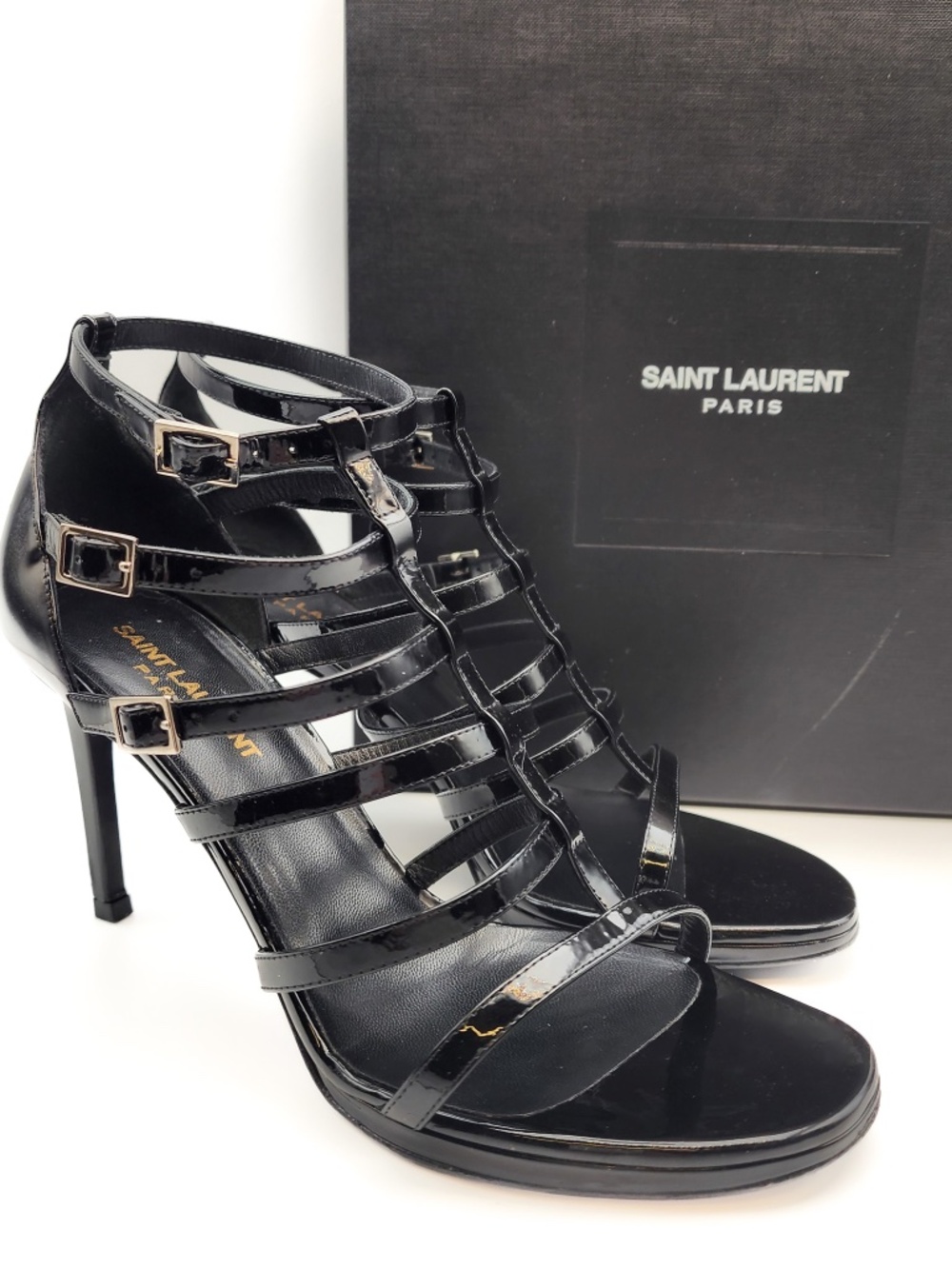 Saint Laurent Strappy Buckle Black Patent Leather Heels EU 37.5 - Picture 9 of 9